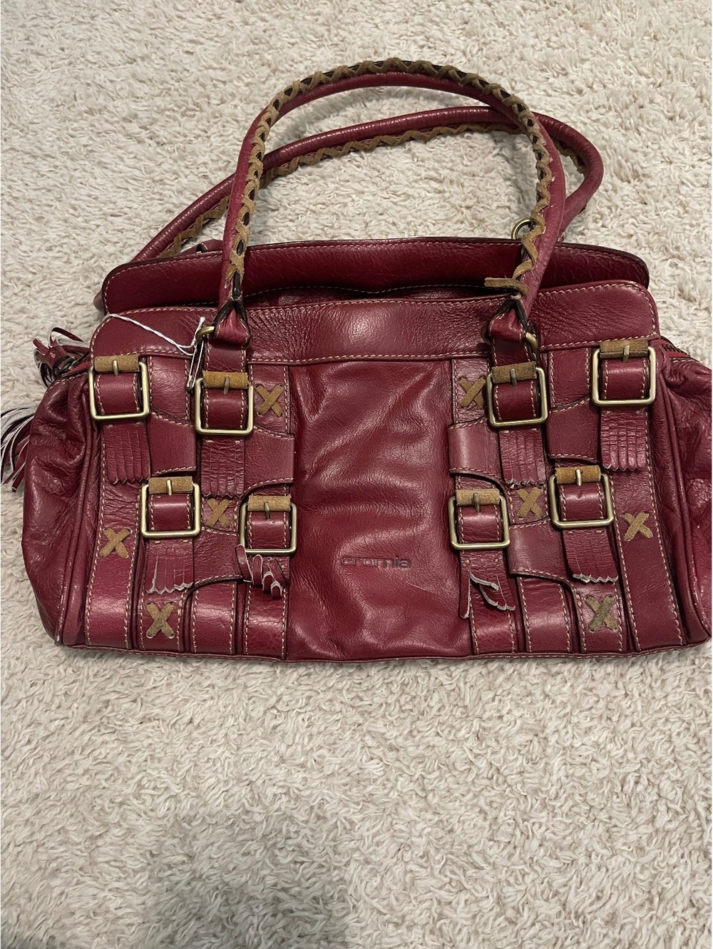 Cromia Burgundy Leather Satchel Bag with Distressed Buckle Detail